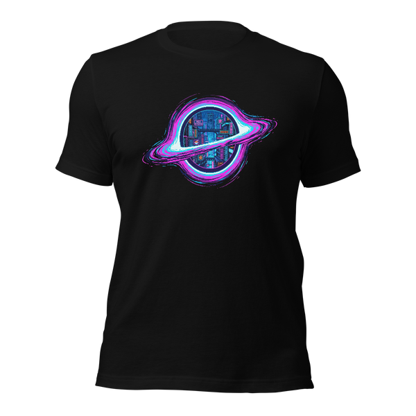 Pixelfuture Event Horizon t-shirt front view with retro pixel art black hole design by IMBRIUM