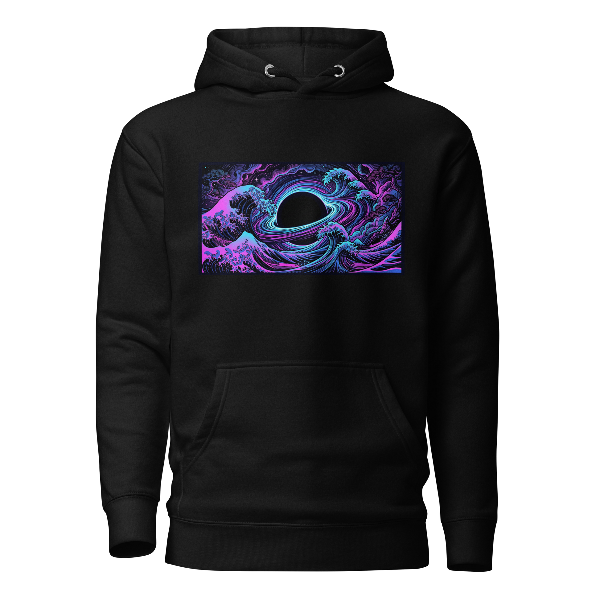 Hokusai Event Horizon pullover hoodie front view with Japanese wave meets black hole design by IMBRIUM
