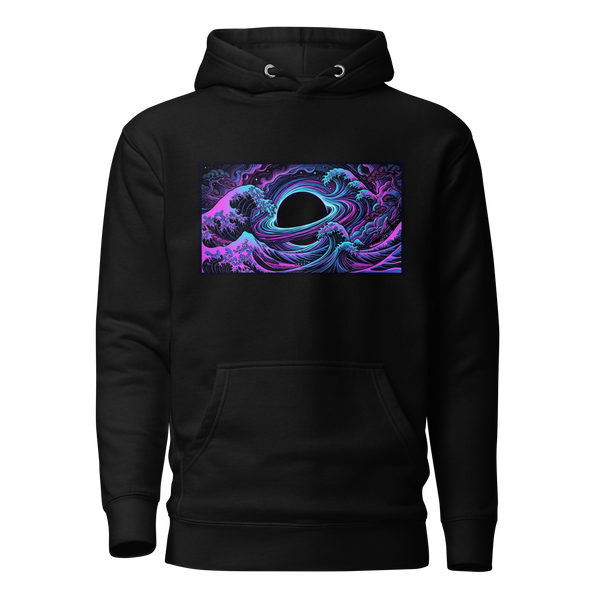 Hokusai Event Horizon pullover hoodie front view with Japanese wave meets black hole design by IMBRIUM