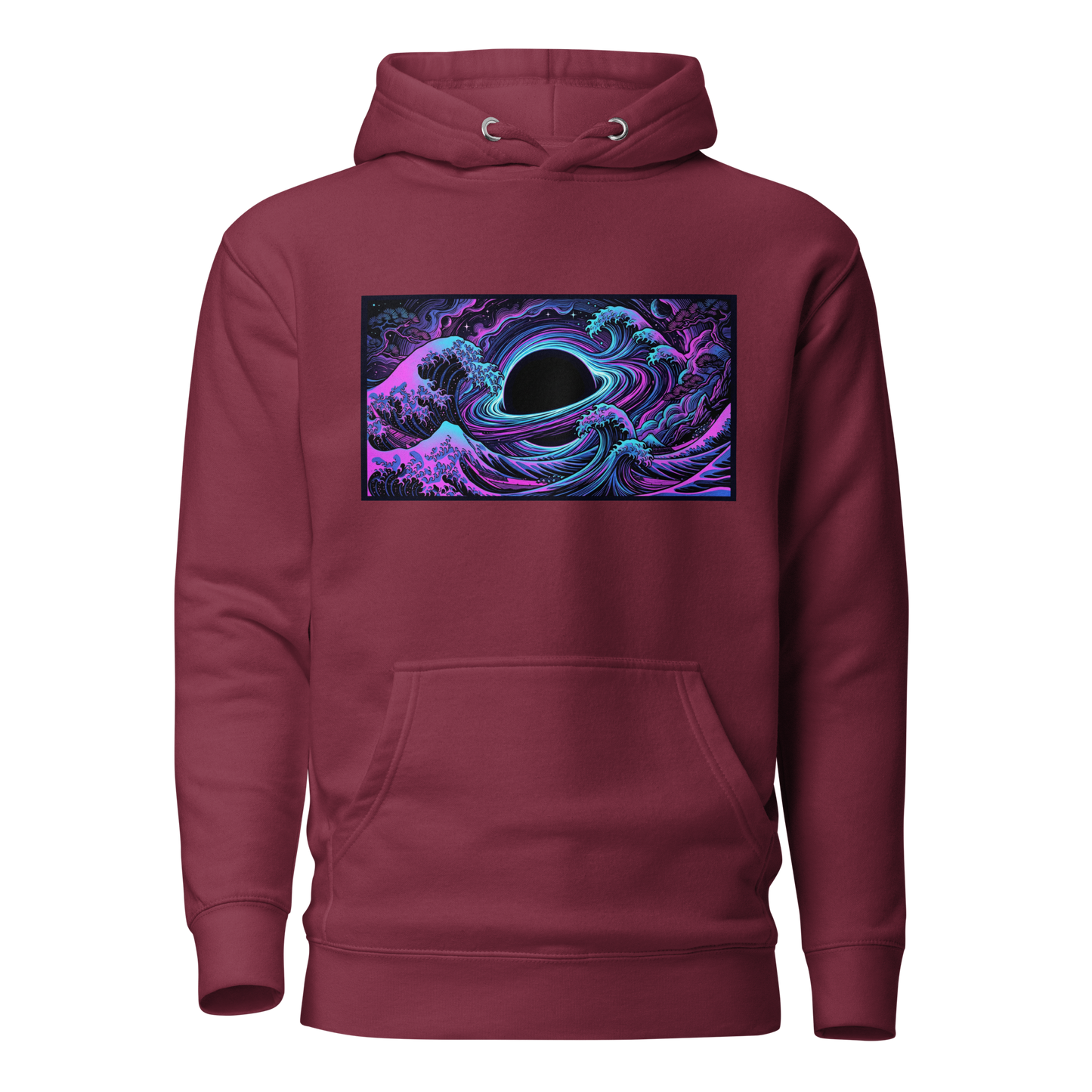 Close-up of Hokusai wave and black hole art print on pullover hoodie