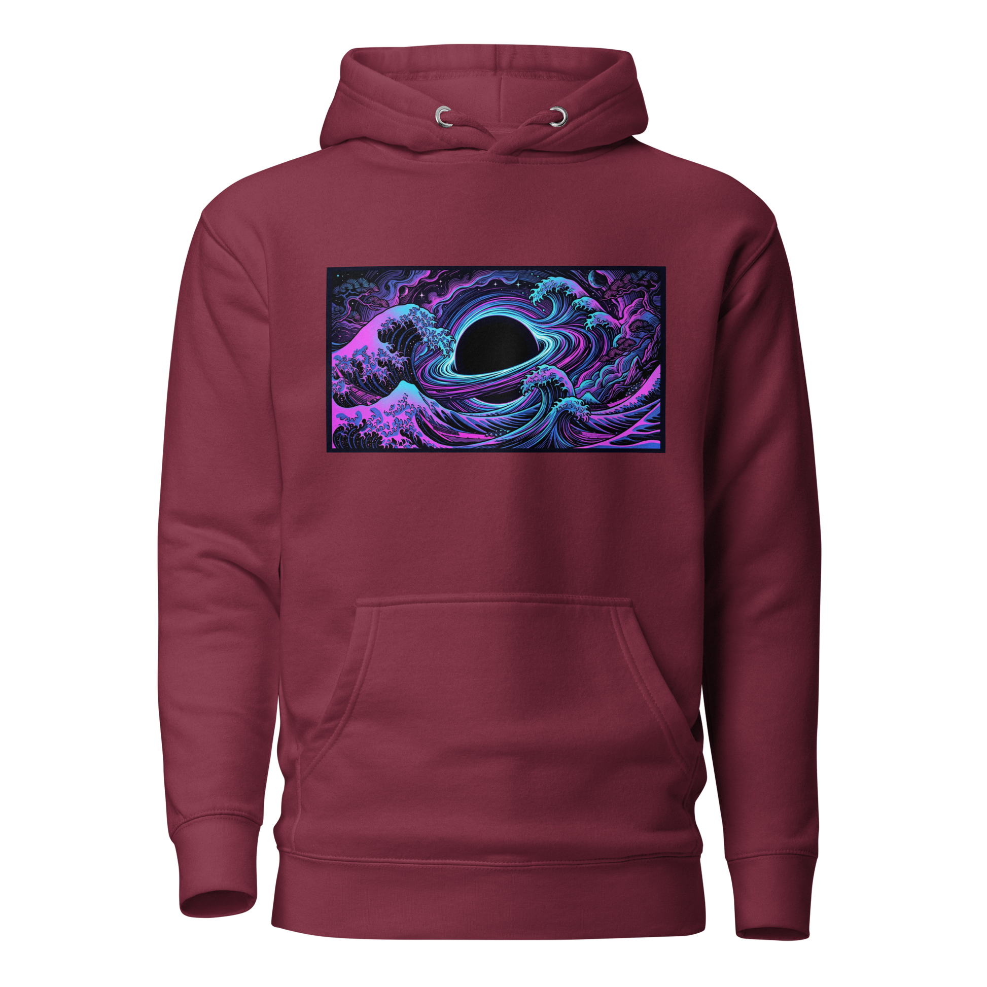 Close-up of Hokusai wave and black hole art print on pullover hoodie