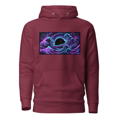 Close-up of Hokusai wave and black hole art print on pullover hoodie