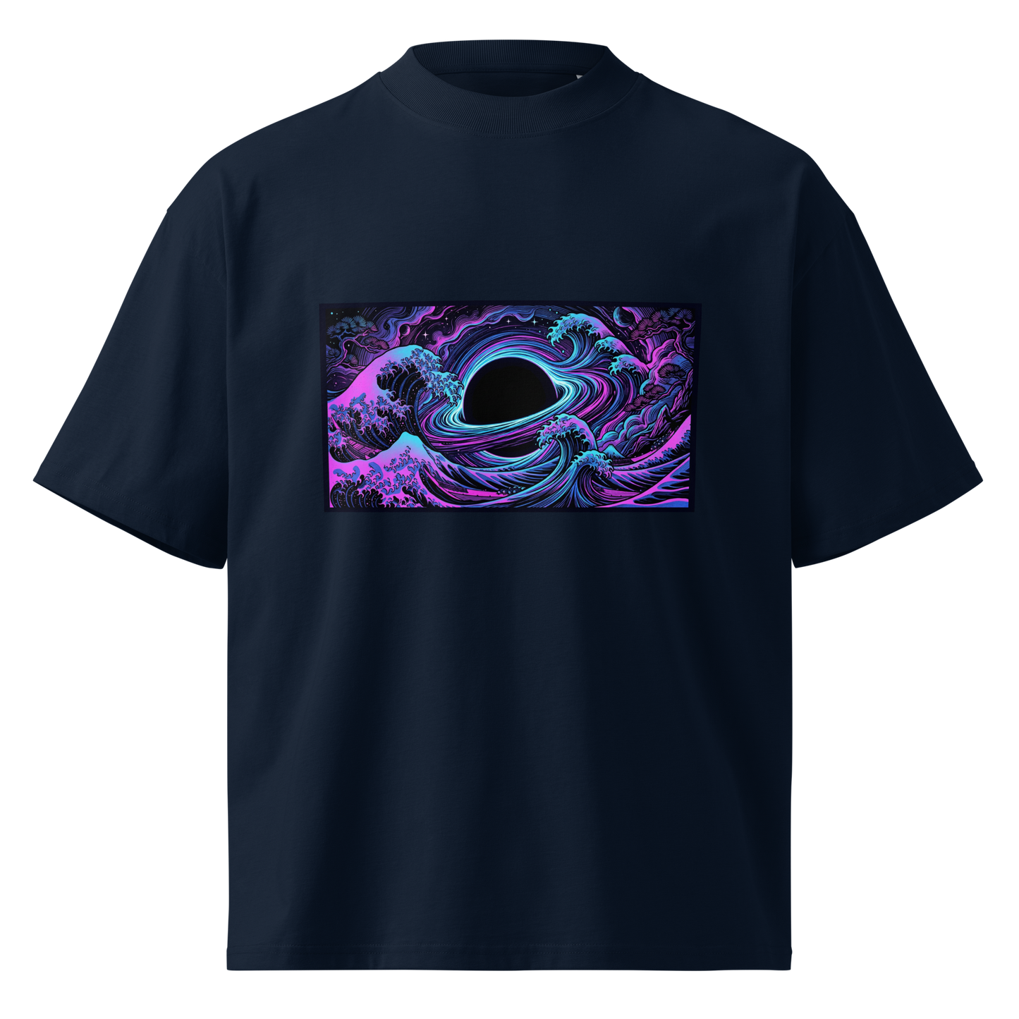 Hokusai Event Horizon oversized t-shirt front view with Japanese wave meets black hole design by IMBRIUM
