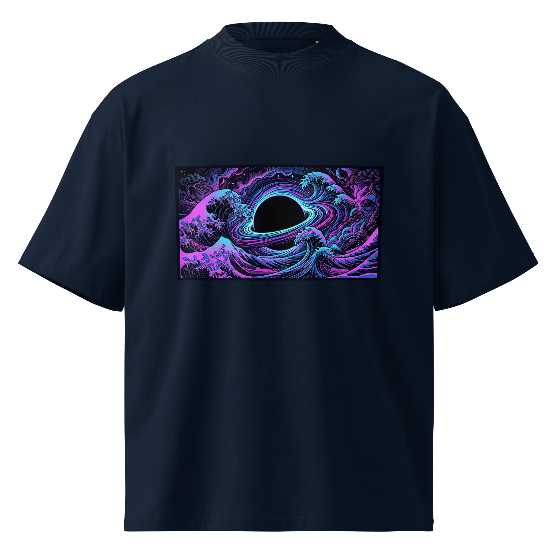 Hokusai Event Horizon oversized t-shirt front view with Japanese wave meets black hole design by IMBRIUM