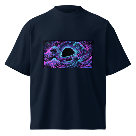 Hokusai Event Horizon oversized t-shirt front view with Japanese wave meets black hole design by IMBRIUM