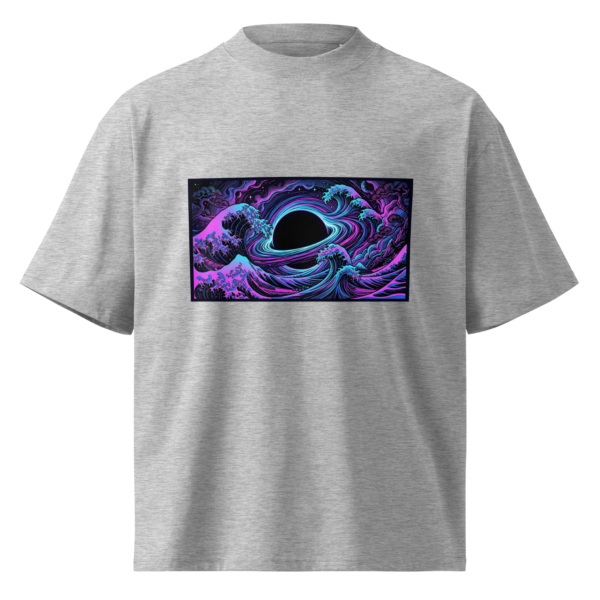 Close-up of Hokusai wave and black hole art on oversized organic cotton t-shirt