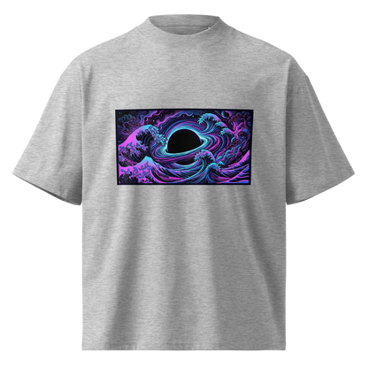 Close-up of Hokusai wave and black hole art on oversized organic cotton t-shirt