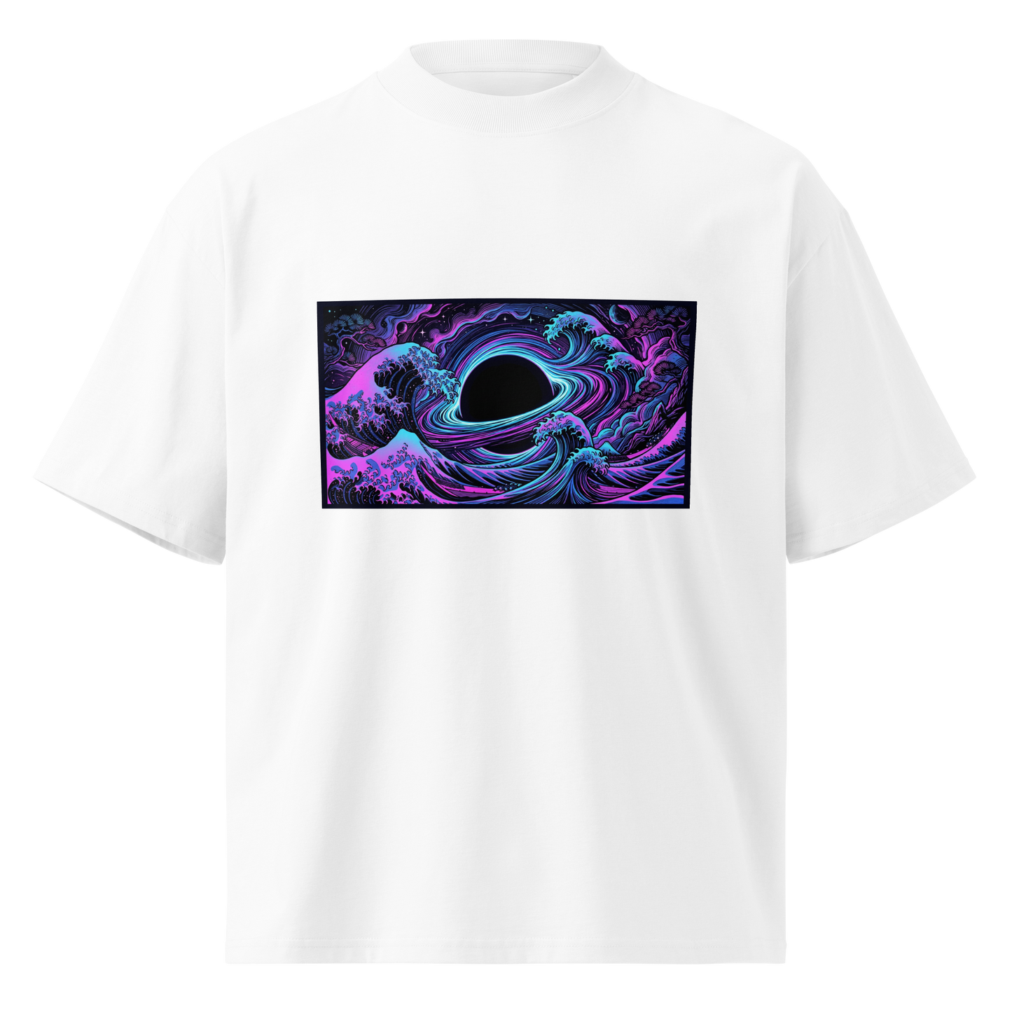 Hokusai Event Horizon oversized t-shirt flat lay on organic cotton