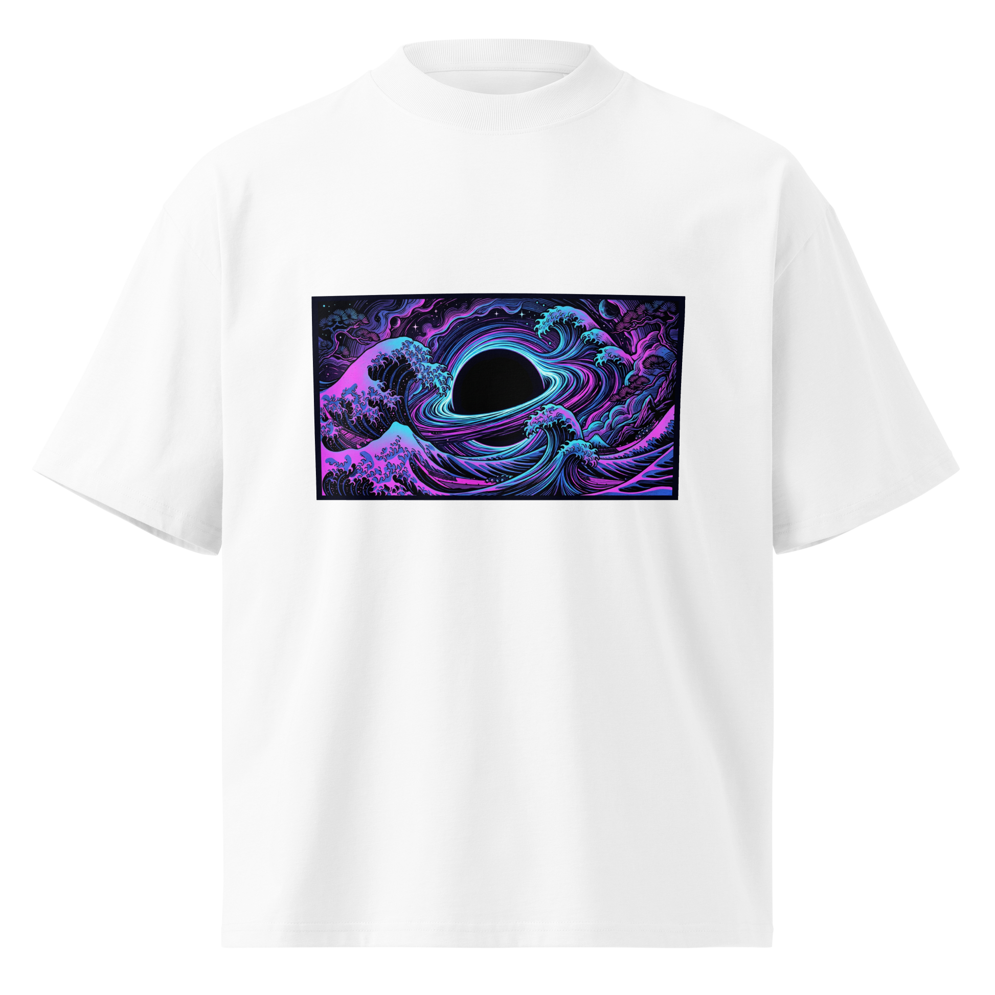 Hokusai Event Horizon oversized t-shirt flat lay on organic cotton