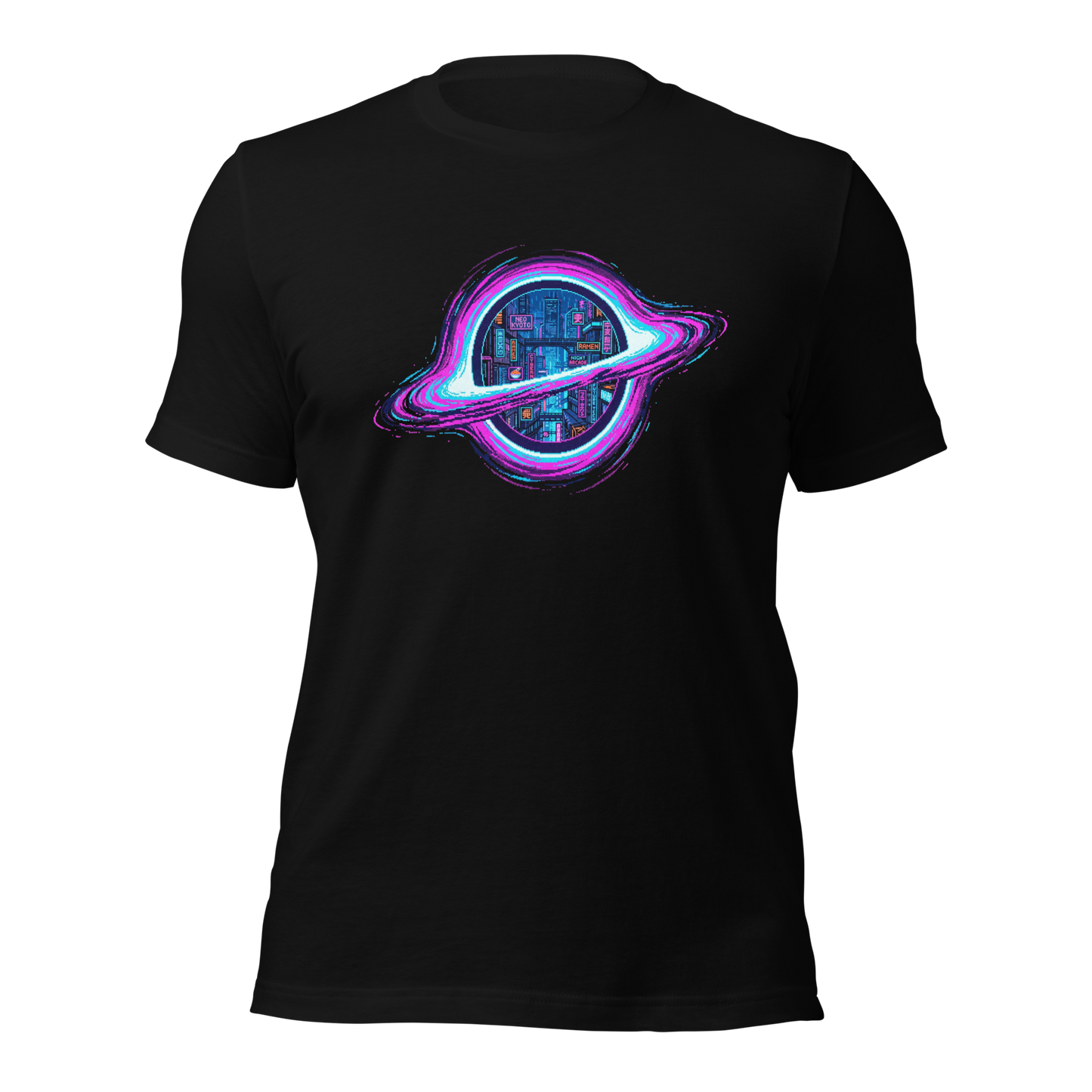 Pixelfuture Event Horizon t-shirt front view with retro pixel art black hole design by IMBRIUM