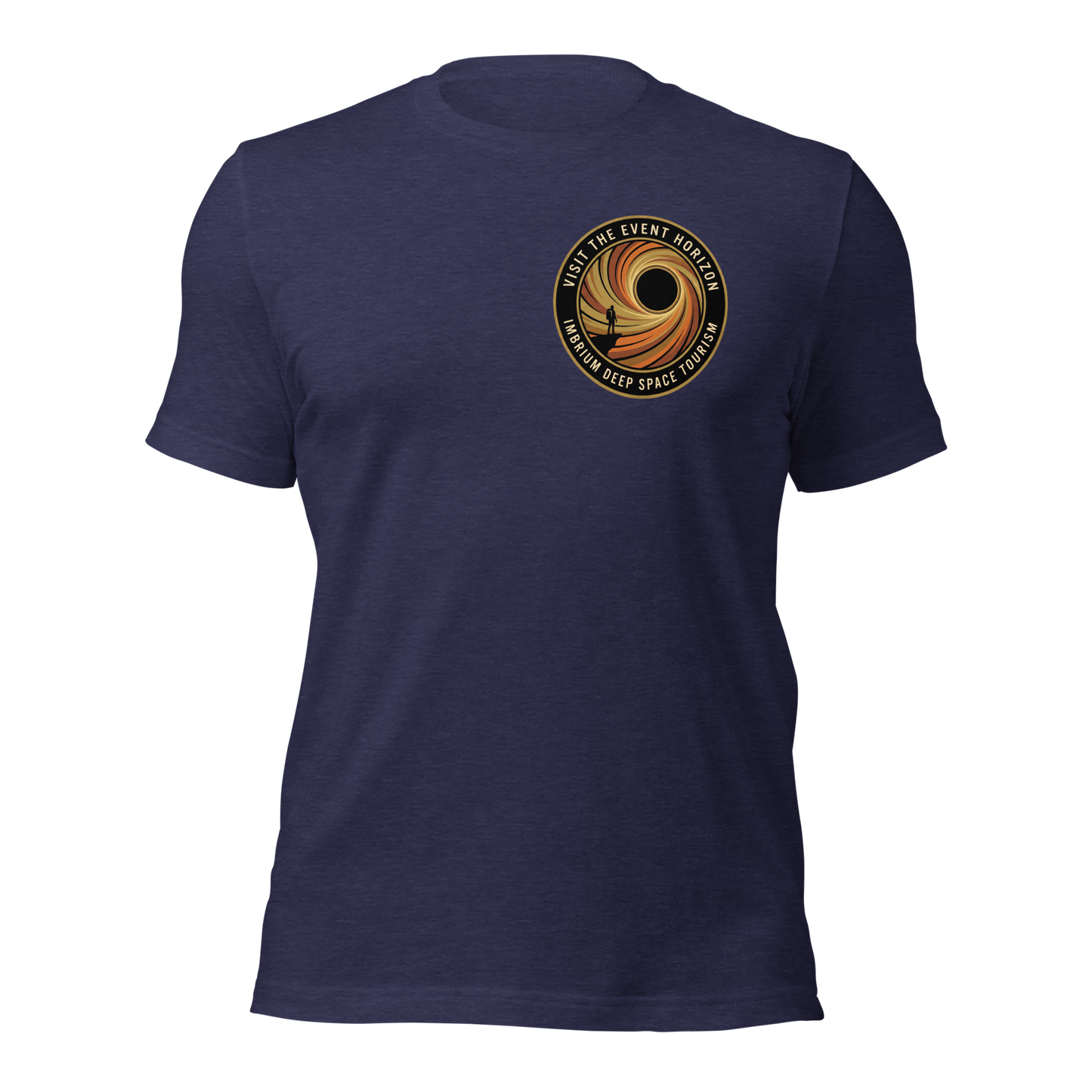 Visit Event Horizon black t-shirt flat lay showing full retro space design