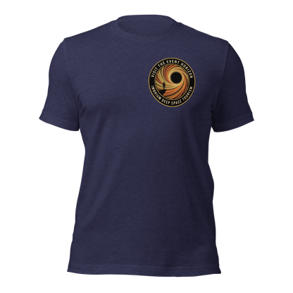 Visit Event Horizon black t-shirt flat lay showing full retro space design