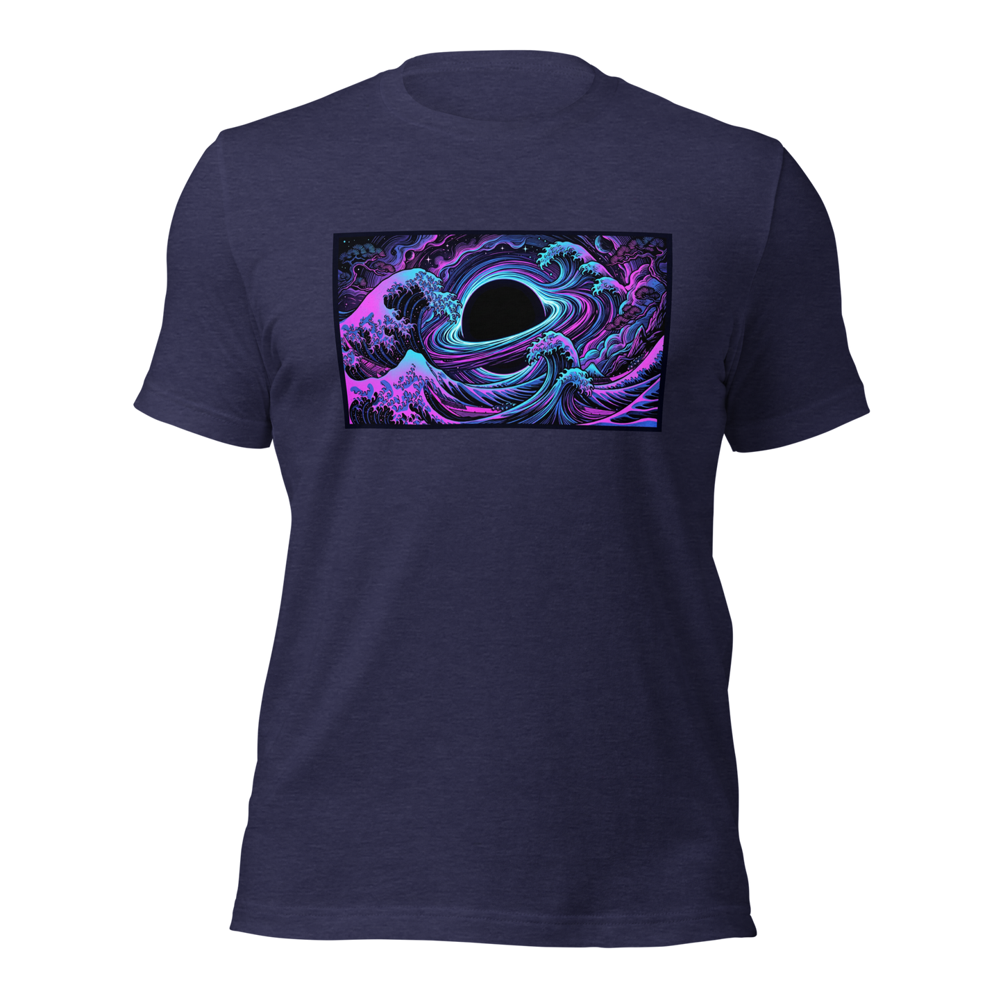 Hokusai Event Horizon t-shirt flat lay showing full wave and black hole design