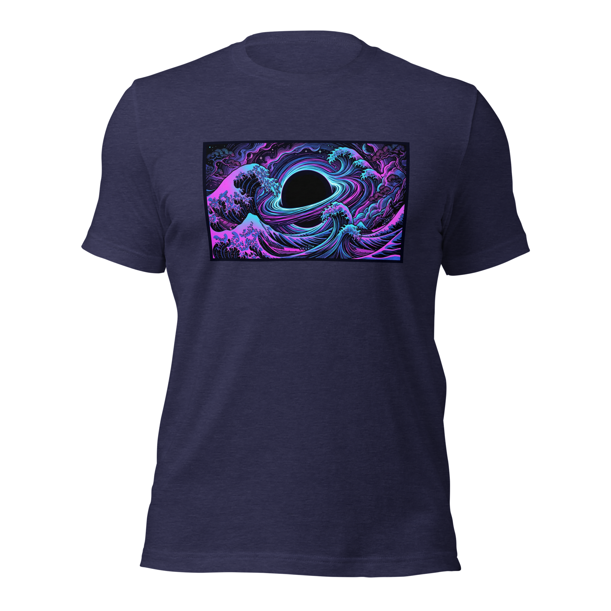 Hokusai Event Horizon t-shirt flat lay showing full wave and black hole design