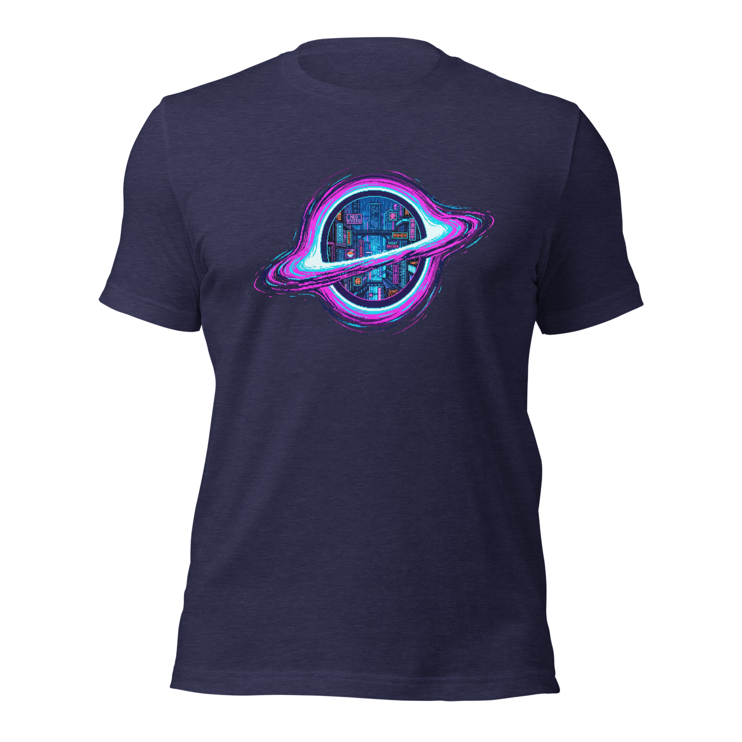 Pixelfuture Event Horizon t-shirt flat lay showing full pixel art design