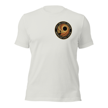Close-up of Visit Event Horizon retro black hole poster print on black tee