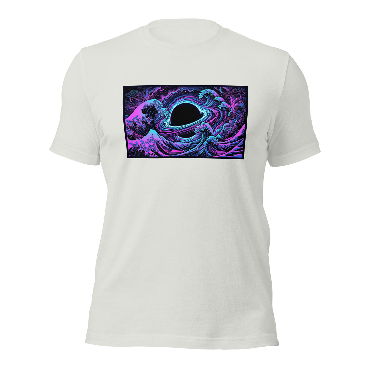 Close-up of Hokusai wave and black hole art print on t-shirt