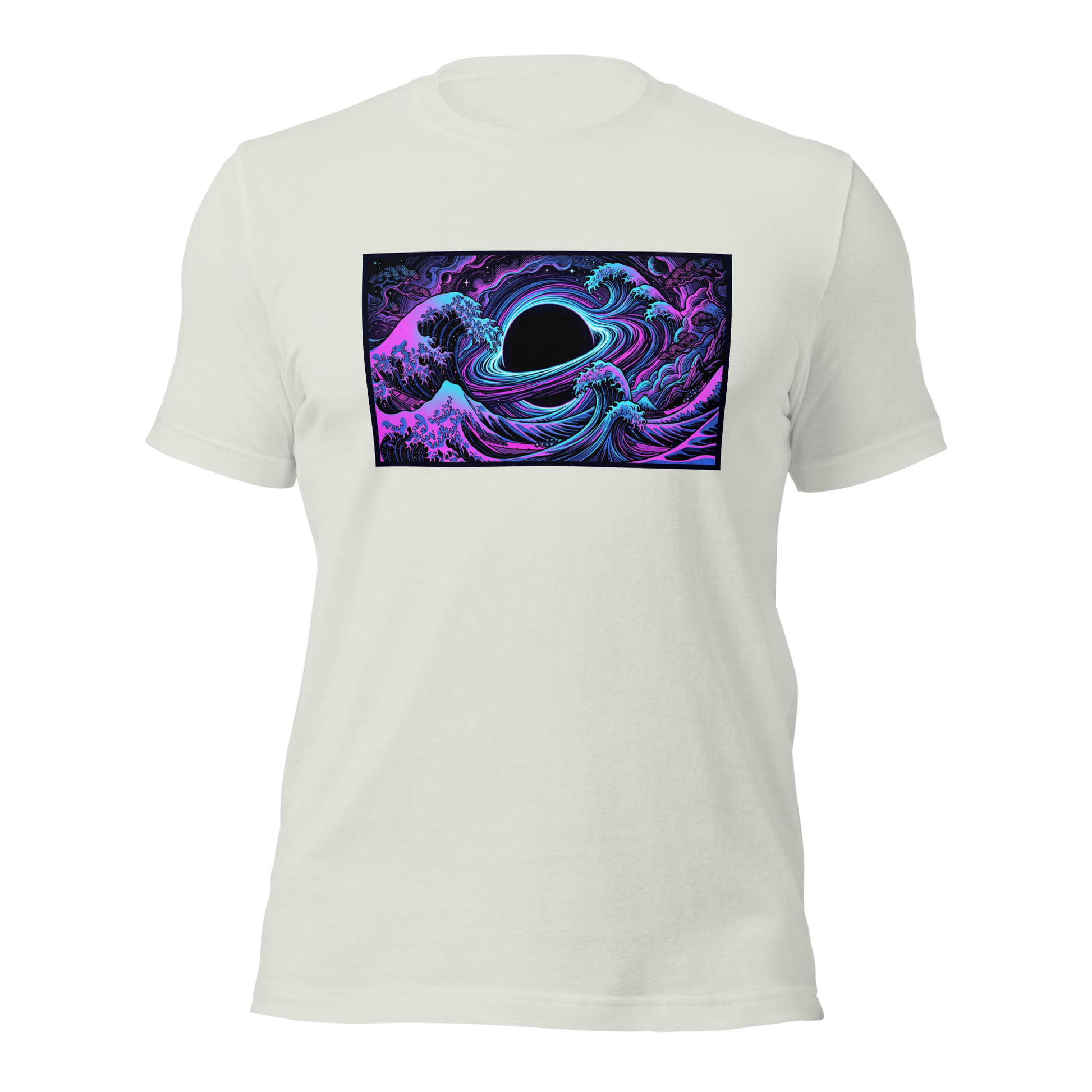 Close-up of Hokusai wave and black hole art print on t-shirt