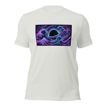 Close-up of Hokusai wave and black hole art print on t-shirt