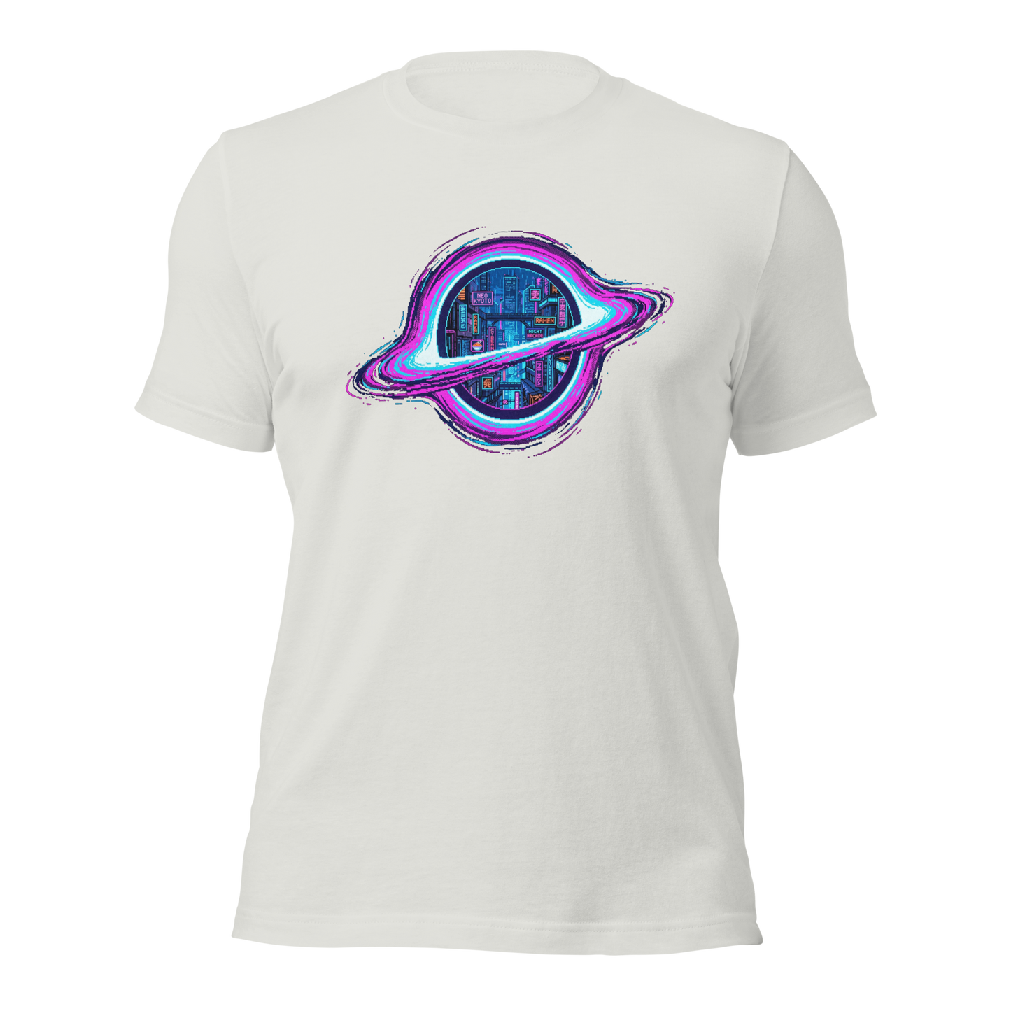Close-up of Pixelfuture retro pixel art black hole print on t-shirt