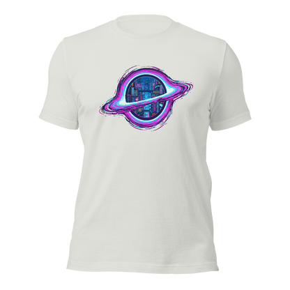 Close-up of Pixelfuture retro pixel art black hole print on t-shirt